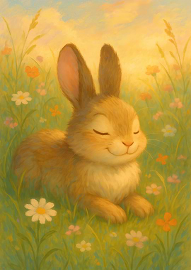 Contented Rabbit in a Flower Meadow