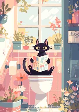 Cat Reading Newspaper on Toilet