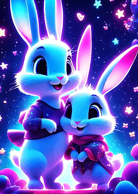 Cartoon Rabbits Starry Sky