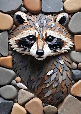 Raccoon mosaic art with stone border
