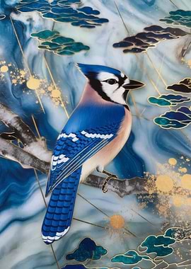 Blue Jay Bird on Branch with Clouds