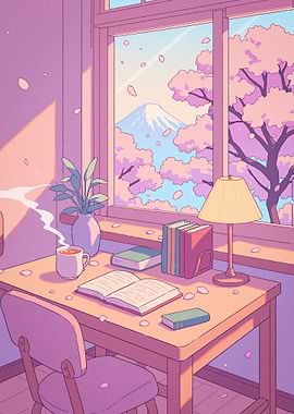 Anime Cozy Study Room with Cherry Blossoms Sakura Japan