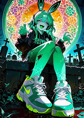Green Anime Girl in Cemetery