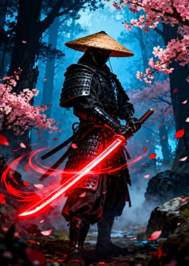 Ninja with Red Sword in Cherry Blossom