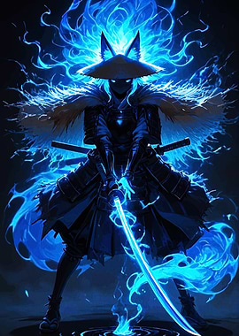 Blue Samurai Warrior with Fox Ears