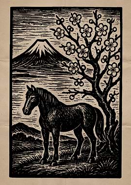 Horse and Mount Fuji Woodcut Print