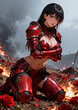 Red armored anime girl in battlefield