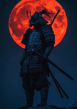 Samurai Warrior with Red Moon Backdrop