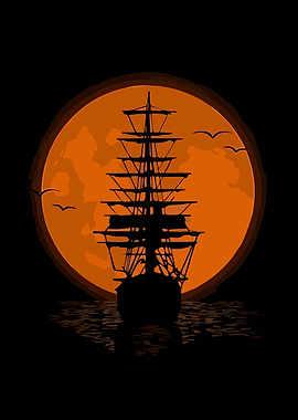 Silhouette of a ship at sunset