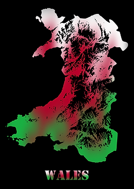 Wales UK United Kingdom Topographic Contour Map blending terrain features into its emblematic colorful flag