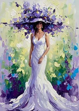 Woman in White Dress with Floral Hat