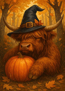 Highland Cow Witch with Pumpkin