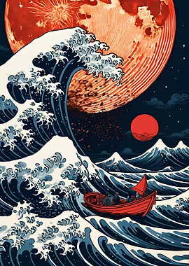 Red Moon Ocean Wave Boat
