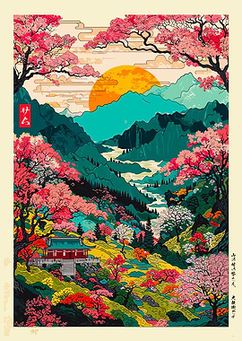 Japanese Landscape with Cherry Blossoms