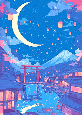 Japanese Nightscape Moon Lanterns