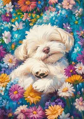 Sleeping Dog in Floral Meadow