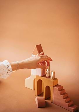 Cosmetic product display with wooden blocks