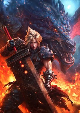 Cloud Strife and Dragon in Flames