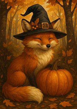 Fox Witch with Pumpkin in Autumn