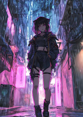 Anime Girl in Rainy Cyberpunk Cityscape