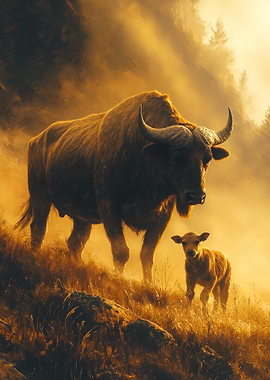Buffalo and Calf in Golden Light
