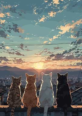 Cats Watching Sunset Over Cityscape