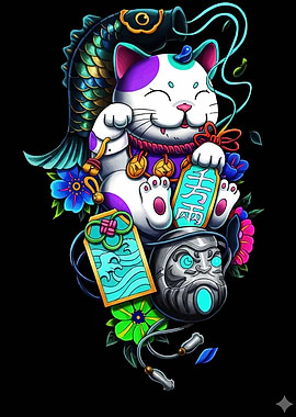 Maneki Neko with Koi and Daruma