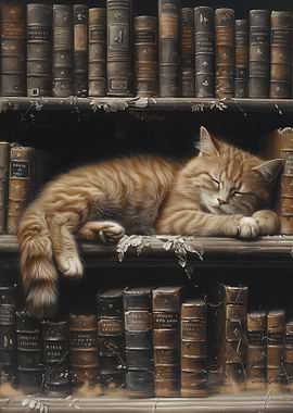 Sleeping Cat on Bookshelf