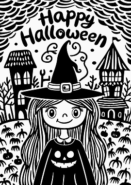Happy Halloween Witch Doodle Art