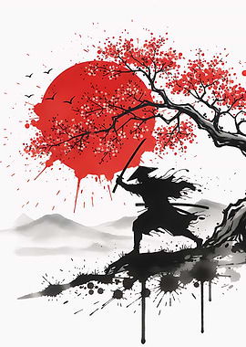 Samurai Silhouette with Red Sun and Cherry Blossoms