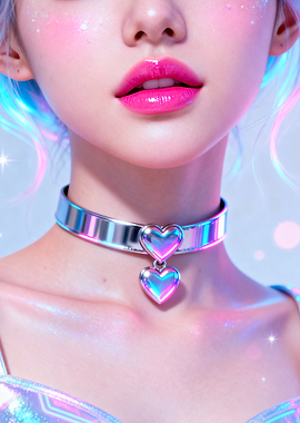 Holographic Heart Choker with Pink Lips