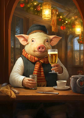 Festive Pig Toasting with Beer