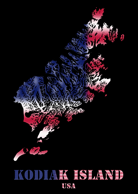 Kodiak Island USA Topographic Contour Relief Map blending terrain features into its emblematic colorful flag