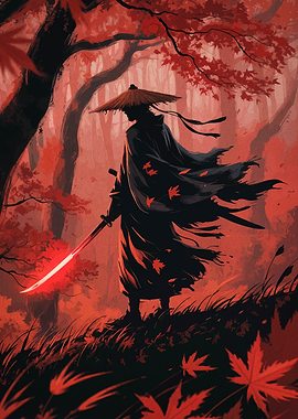Samurai in Autumn Forest with Red Sword