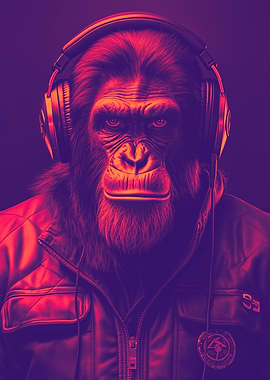 Ape with Headphones and Leather Jacket