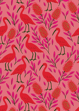 Scarlet Ibis and Floral Pattern