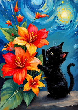 Black Kitten with Orange Flowers Painting