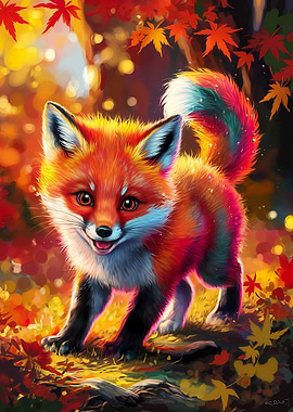 Vibrant Rainbow Fox Cub Smiles Brightly in Autumn Forest Magic