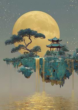 Floating Island with Pagoda and Waterfall