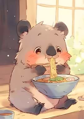 Cute Wombat Eating Ramen Illustration