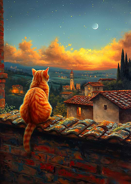 Cat gazing at Tuscan sunset
