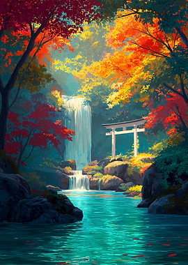 Autumn Waterfall with Torii Gate