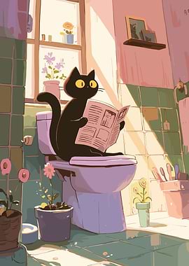 Cat Reading Newspaper on Toilet