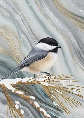 Black-capped Chickadee on Snowy Pine Branch