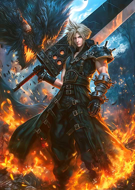 Cloud Strife with Fenrir in Flames