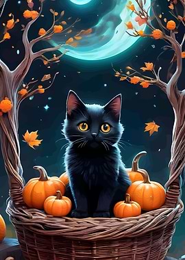 Black Cat and Pumpkins in Basket