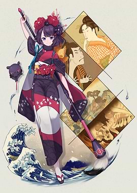 Anime Girl with Brush and Kimono