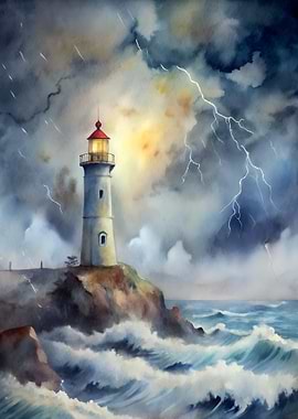 Lighthouse in Stormy Weather Painting