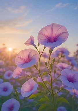 Pink Morning Glories at Sunset