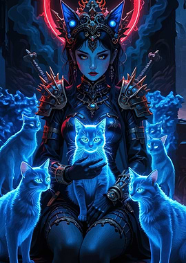 Fantasy Warrior Woman with Glowing Cats